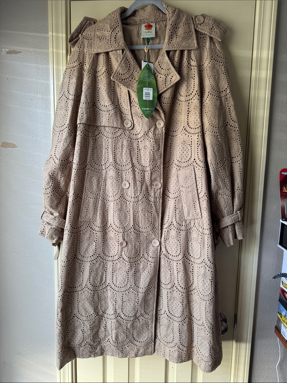FARM RIO Pineapple Cotton Eyelet Trench Coat Khaki Size L